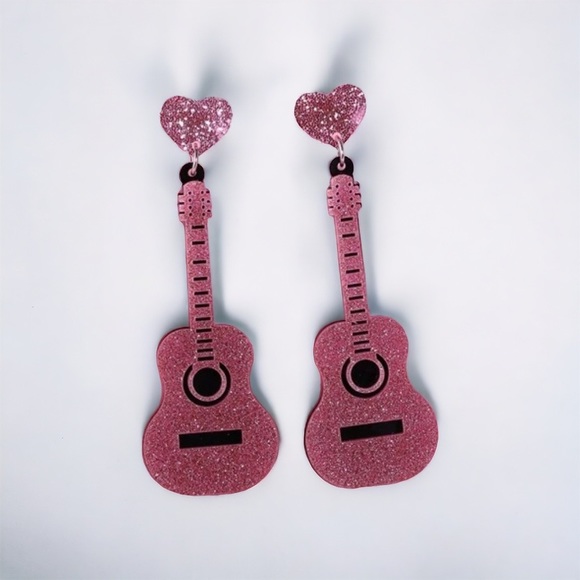 Jewelry - Acrylic Pink Glitter Guitar Earrings